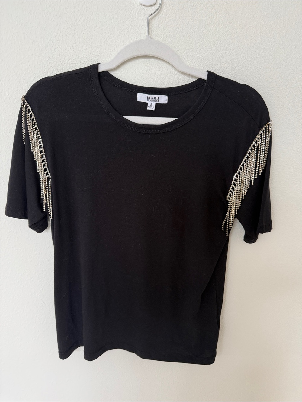 BB Dakota Black Short Sleeve Tee with Silver Shoulder Fringe
